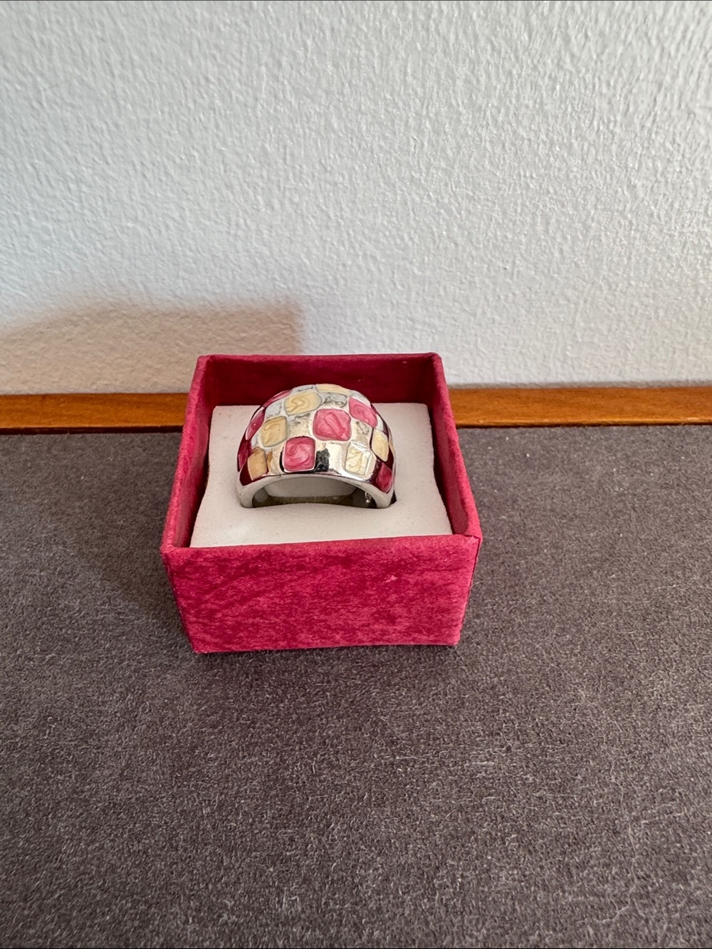 Color Block Enamel Silver Tone Dome Ring in Pink & Cream
